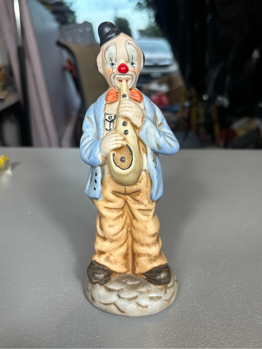 Vintage Style Sad Clown Figurine Saxophone Blue Jacket Ceramic 8.5”